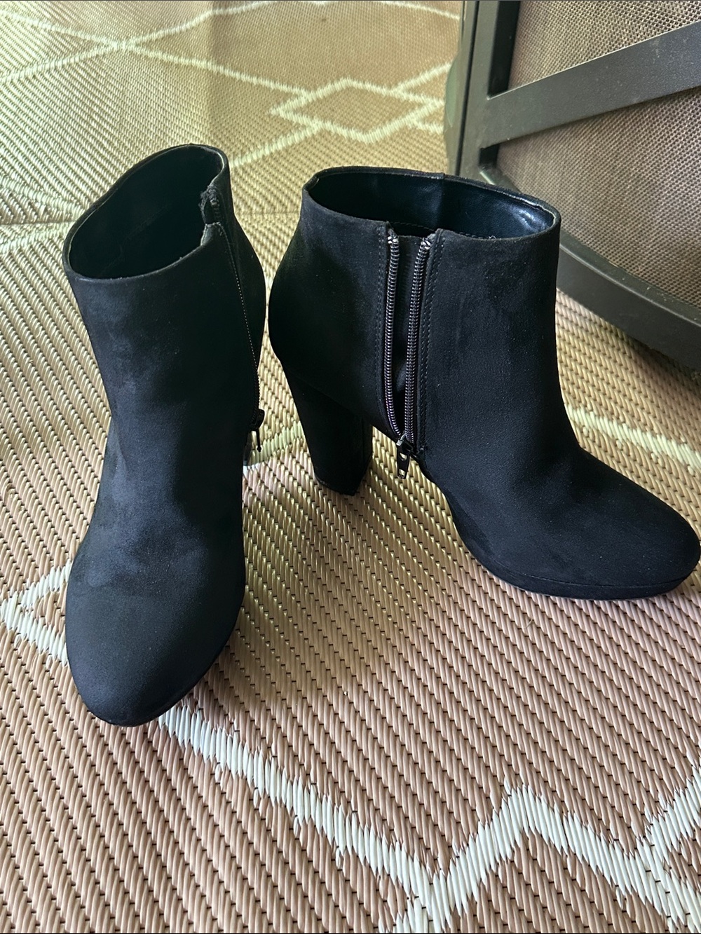 new directions Black Suede Block Heel Ankle Booties with Side Zip